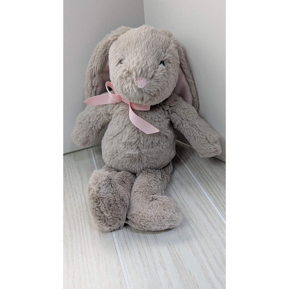 Pottery Barn Kids 12" Bunny Plush Gray Taupe PBK Rabbit Pink Bow Ears Soft toy